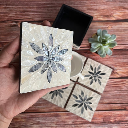 Stunning Mother of Pearl Inlay Square Coasters Set with Holder and 6 CoastersPremiumWoodArt