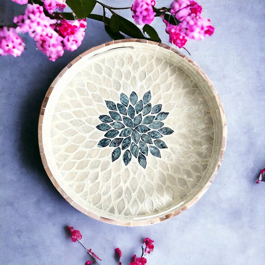 White mother of pearl inlay round tray with black floral patternPremiumWoodArt
