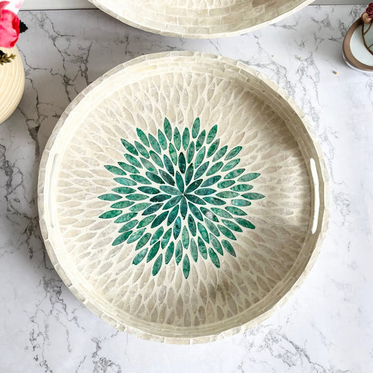 White Mother of pearl inlay round tray with green floral patternPremiumWoodArt